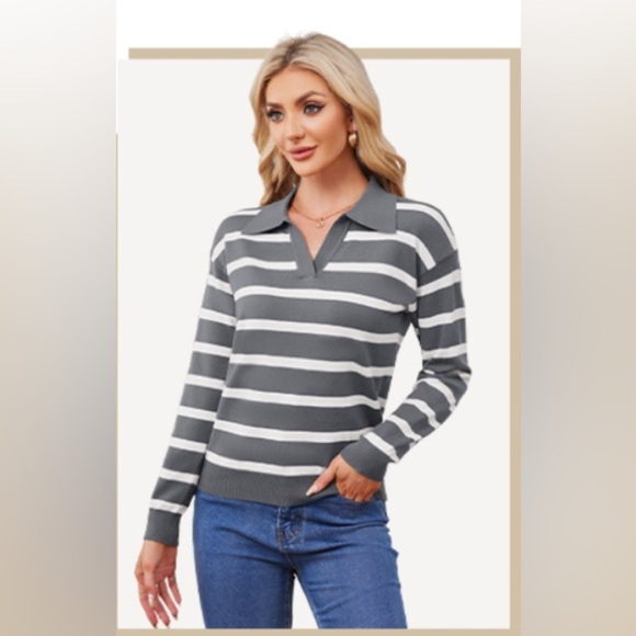 Better unsaid gray & white striped collared sweater women’s size large business - Picture 1 of 7